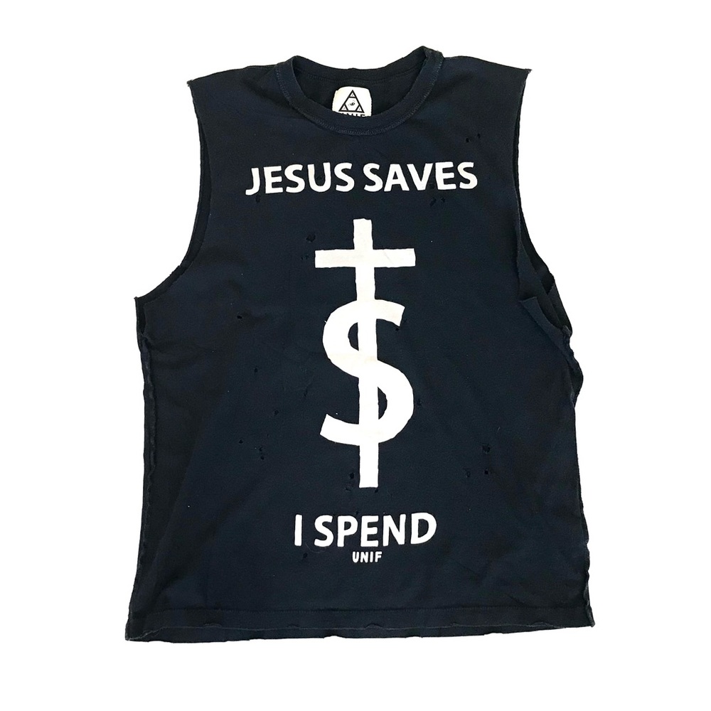 UNIF Jesus Saves I Spend sleeveless back distressed tank top tee